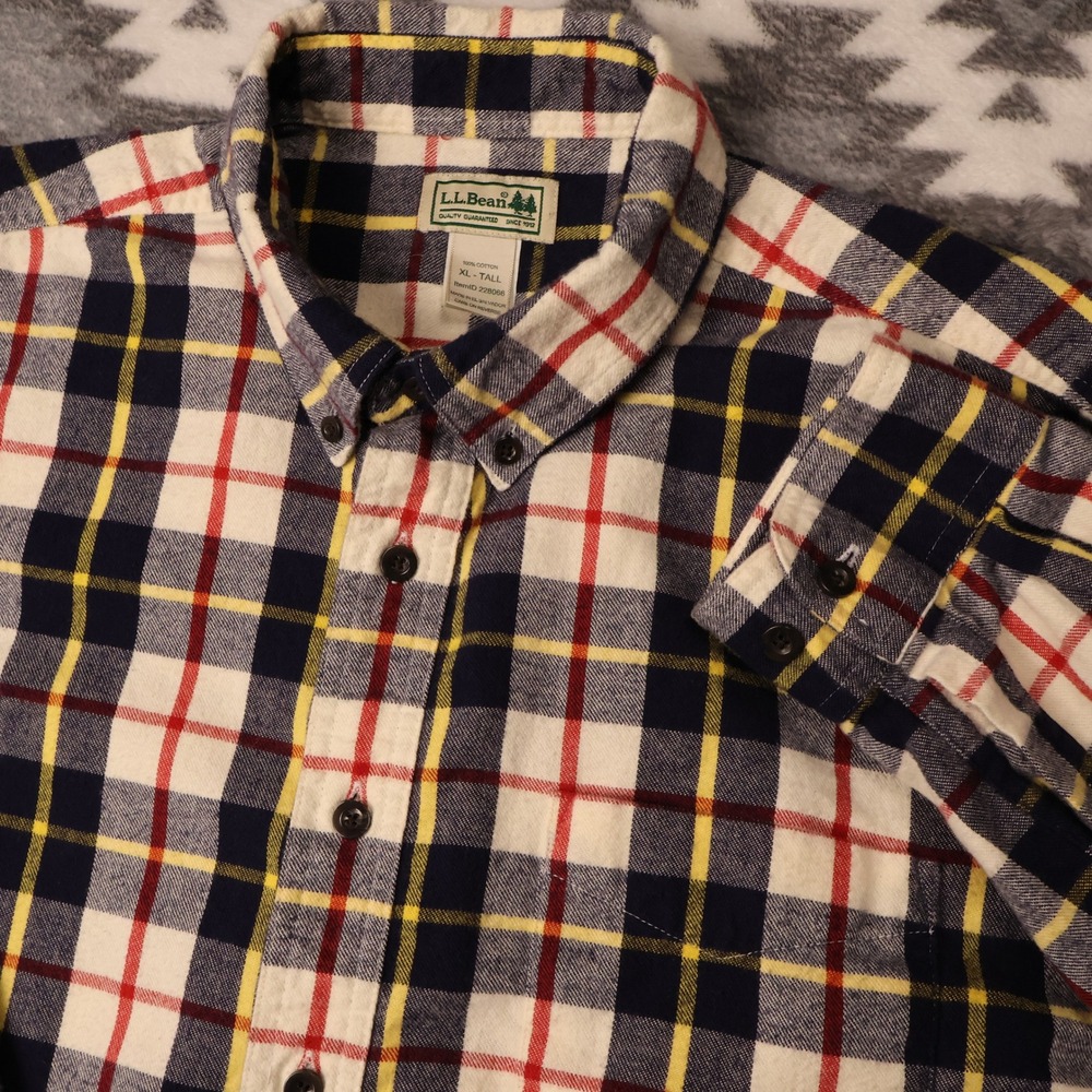 LL Bean Mens XL Tall Flannel Shirt Plaid Button Down Navy Red Yellow 228066